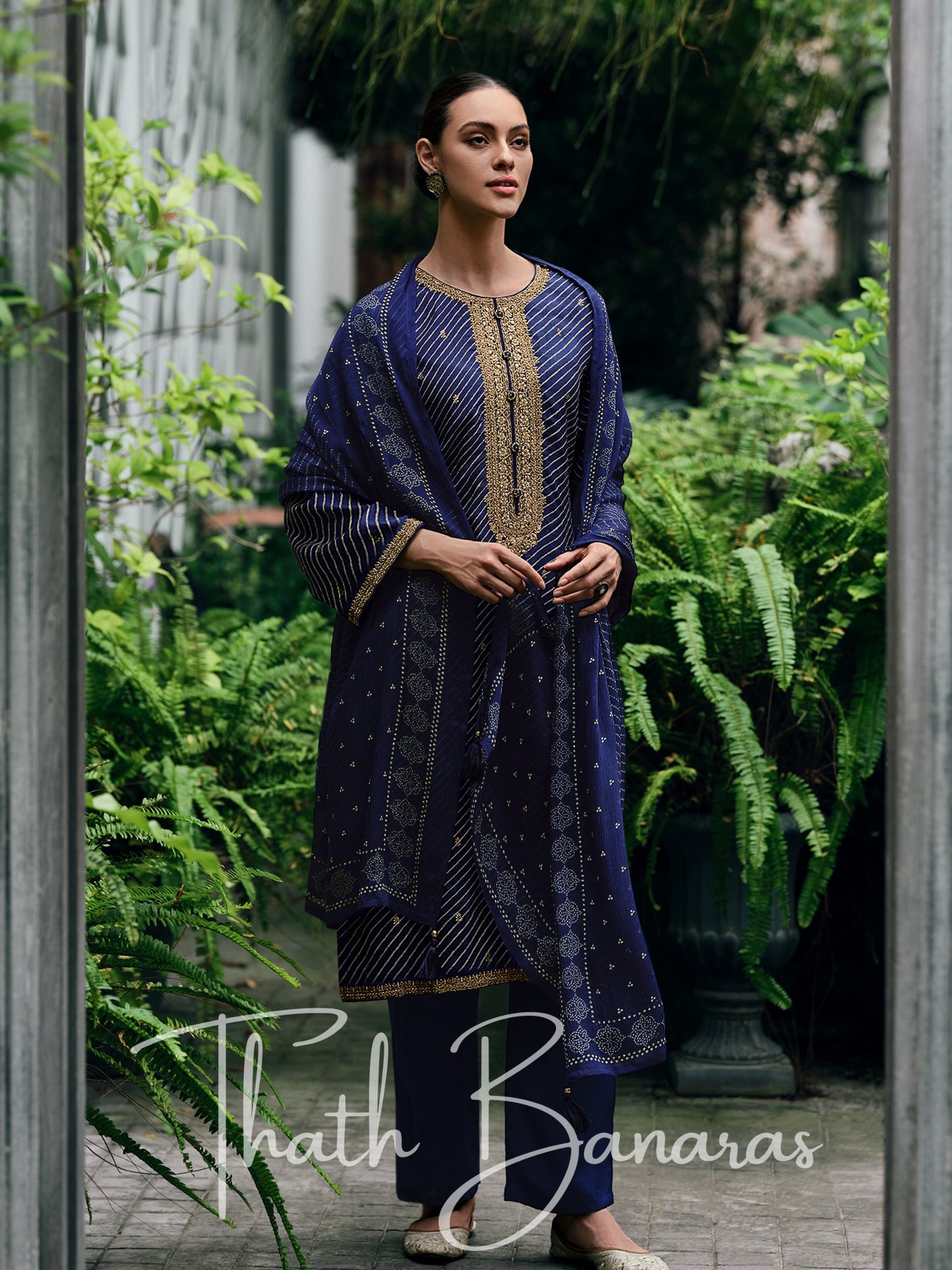 Navy Blue Viscose Silk Rhapsody Salwar Suit with Lehriya Print & Embroidery, Cotton Silk & Digitally Printed Dupatta