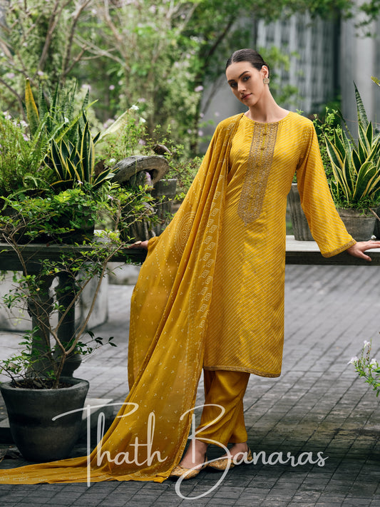 Mustard Yellow Viscose Silk Rhapsody Salwar Suit with Lehriya Print & Embroidery, Cotton Silk & Digitally Printed Dupatta