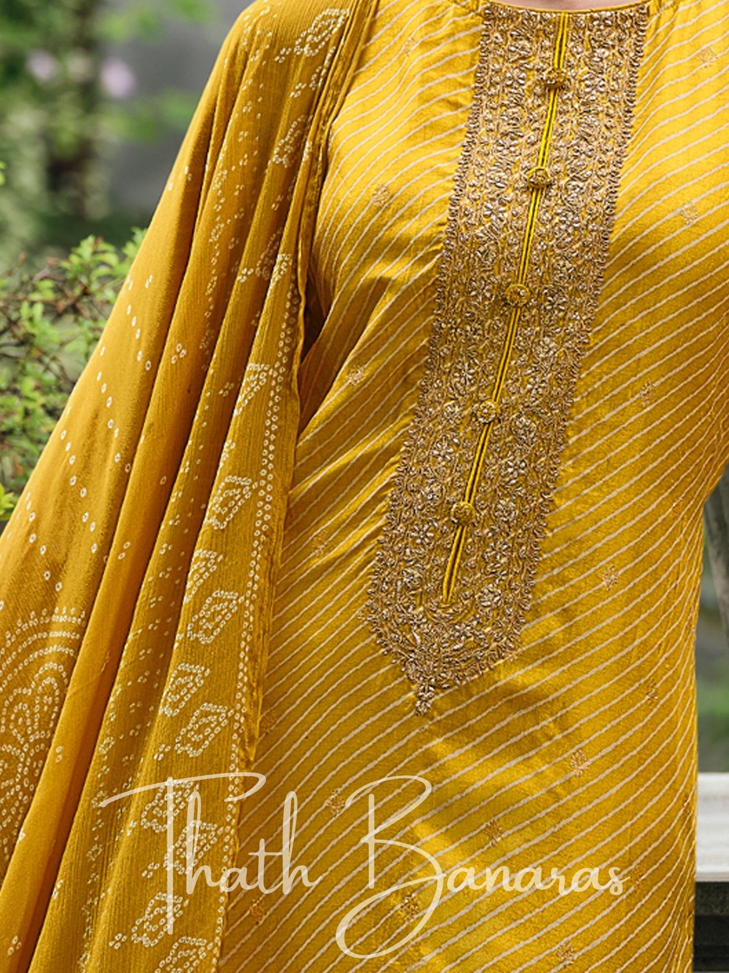 Mustard Yellow Viscose Silk Rhapsody Salwar Suit with Lehriya Print & Embroidery, Cotton Silk & Digitally Printed Dupatta