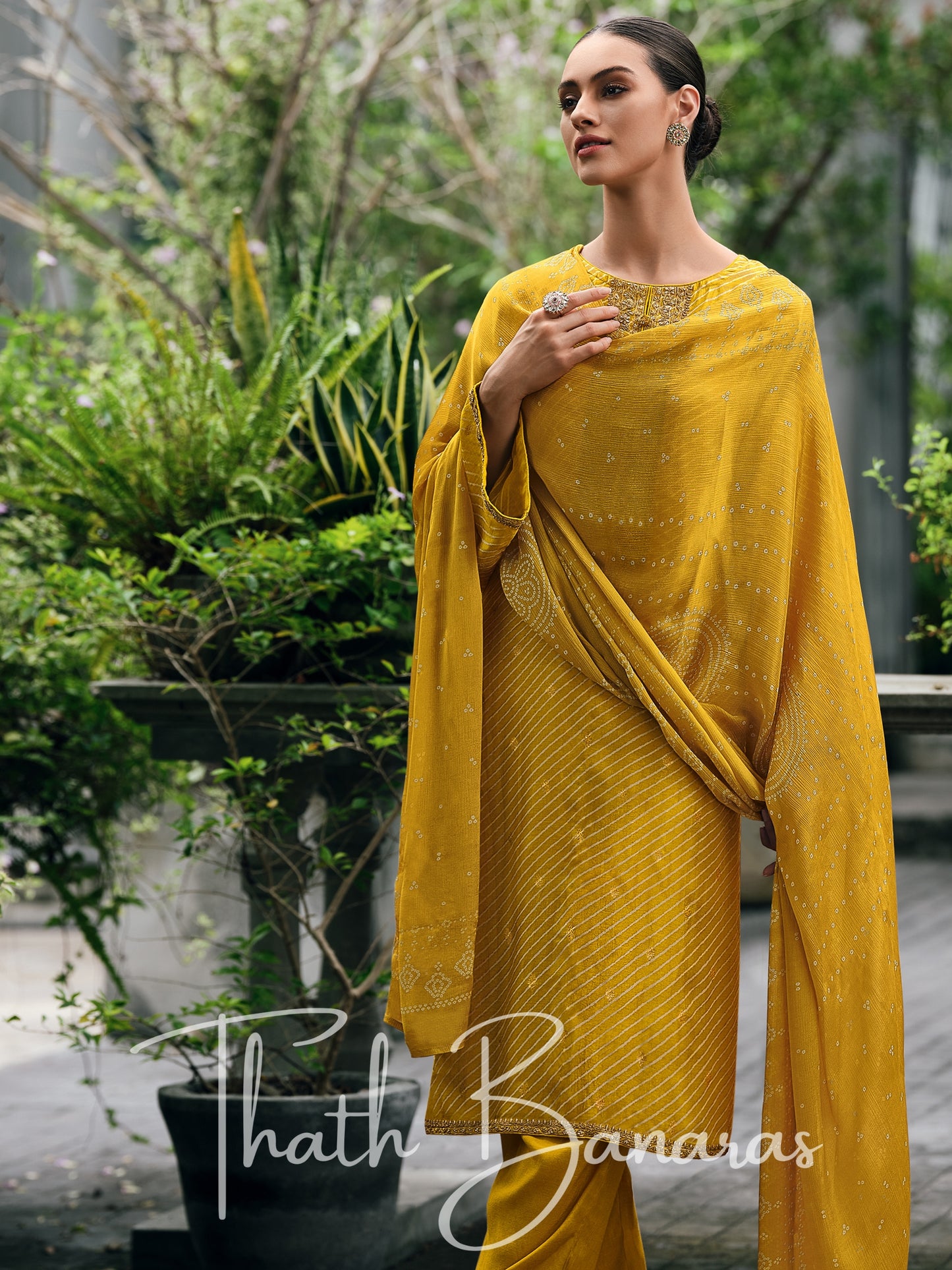 Mustard Yellow Viscose Silk Rhapsody Salwar Suit with Lehriya Print & Embroidery, Cotton Silk & Digitally Printed Dupatta