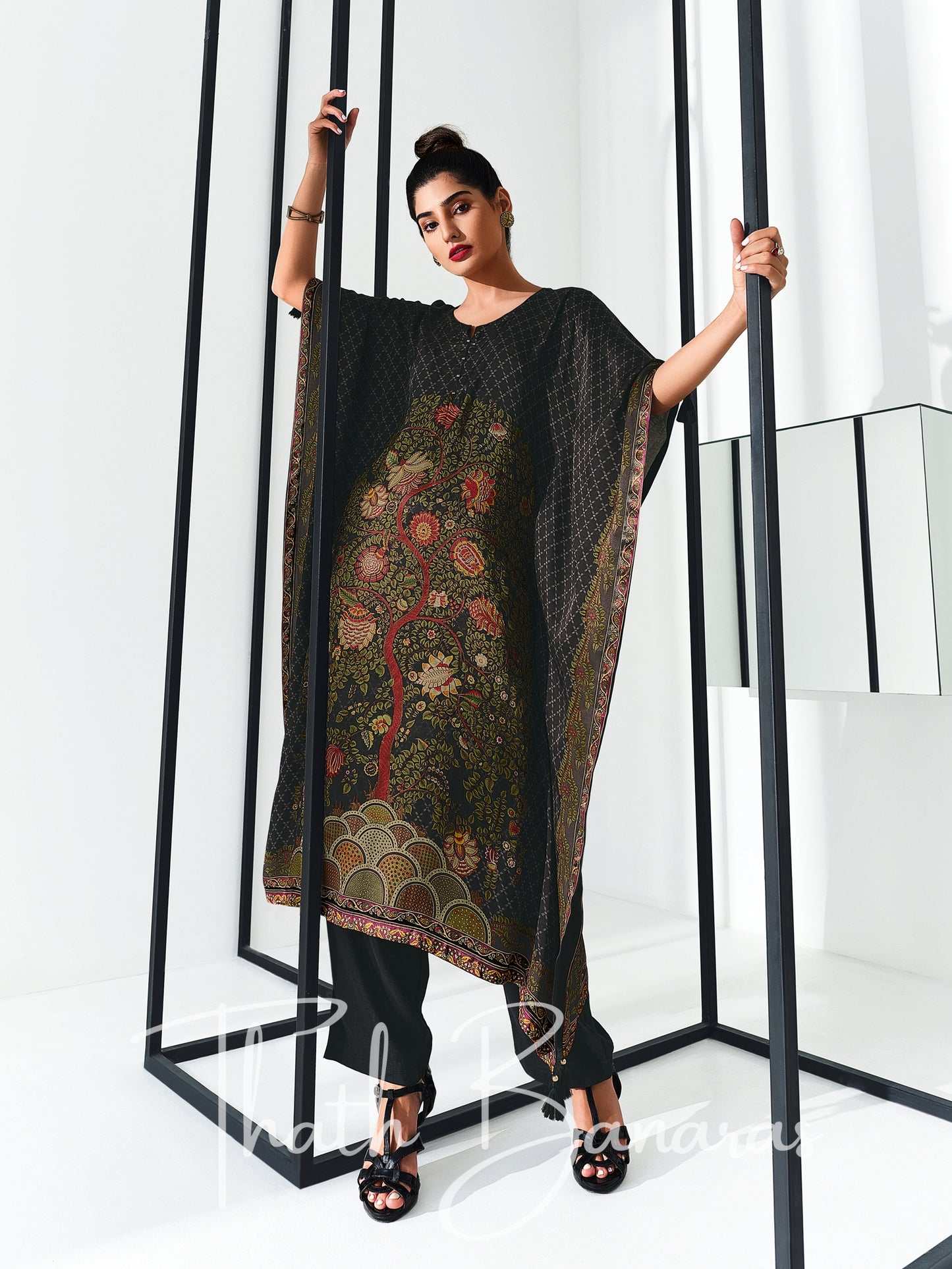 Black Gaji Silk Rhapsody Kaftan with Digitally Printed Cotton Silk Bottom