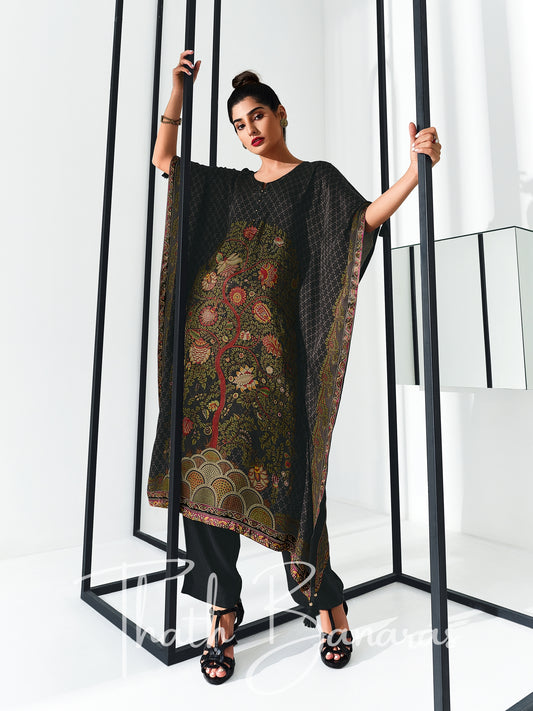 Black Gaji Silk Rhapsody Kaftan with Digitally Printed Cotton Silk Bottom