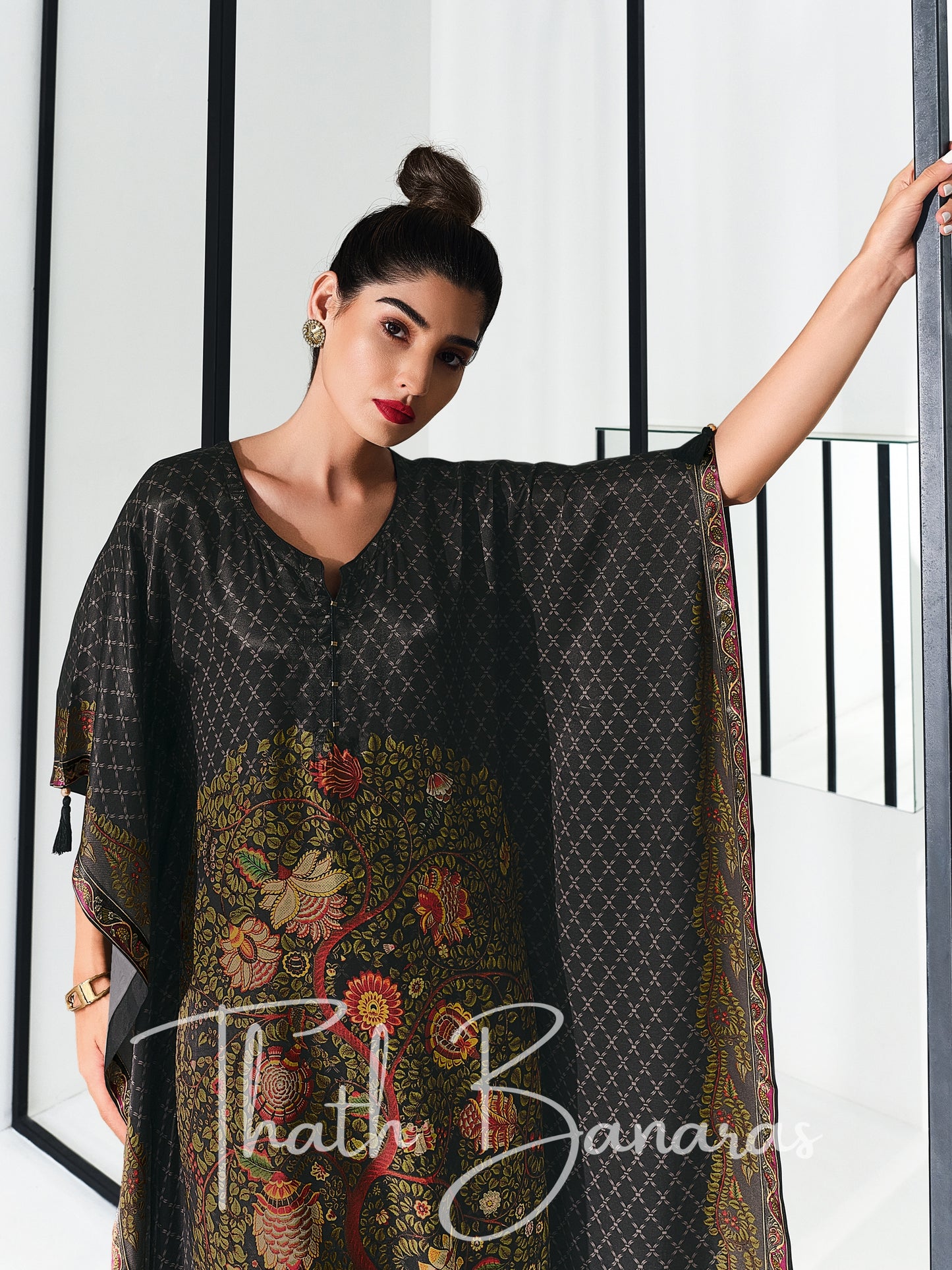 Black Gaji Silk Rhapsody Kaftan with Digitally Printed Cotton Silk Bottom