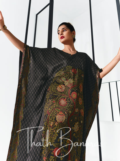 Black Gaji Silk Rhapsody Kaftan with Digitally Printed Cotton Silk Bottom