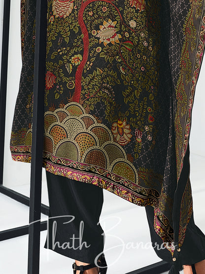 Black Gaji Silk Rhapsody Kaftan with Digitally Printed Cotton Silk Bottom