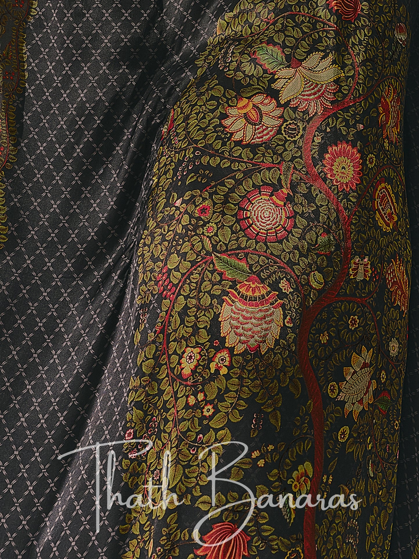 Black Gaji Silk Rhapsody Kaftan with Digitally Printed Cotton Silk Bottom