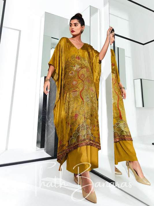 Golden Yellow Gaji Silk Rhapsody Kaftan with Digitally Printed Cotton Silk Bottom