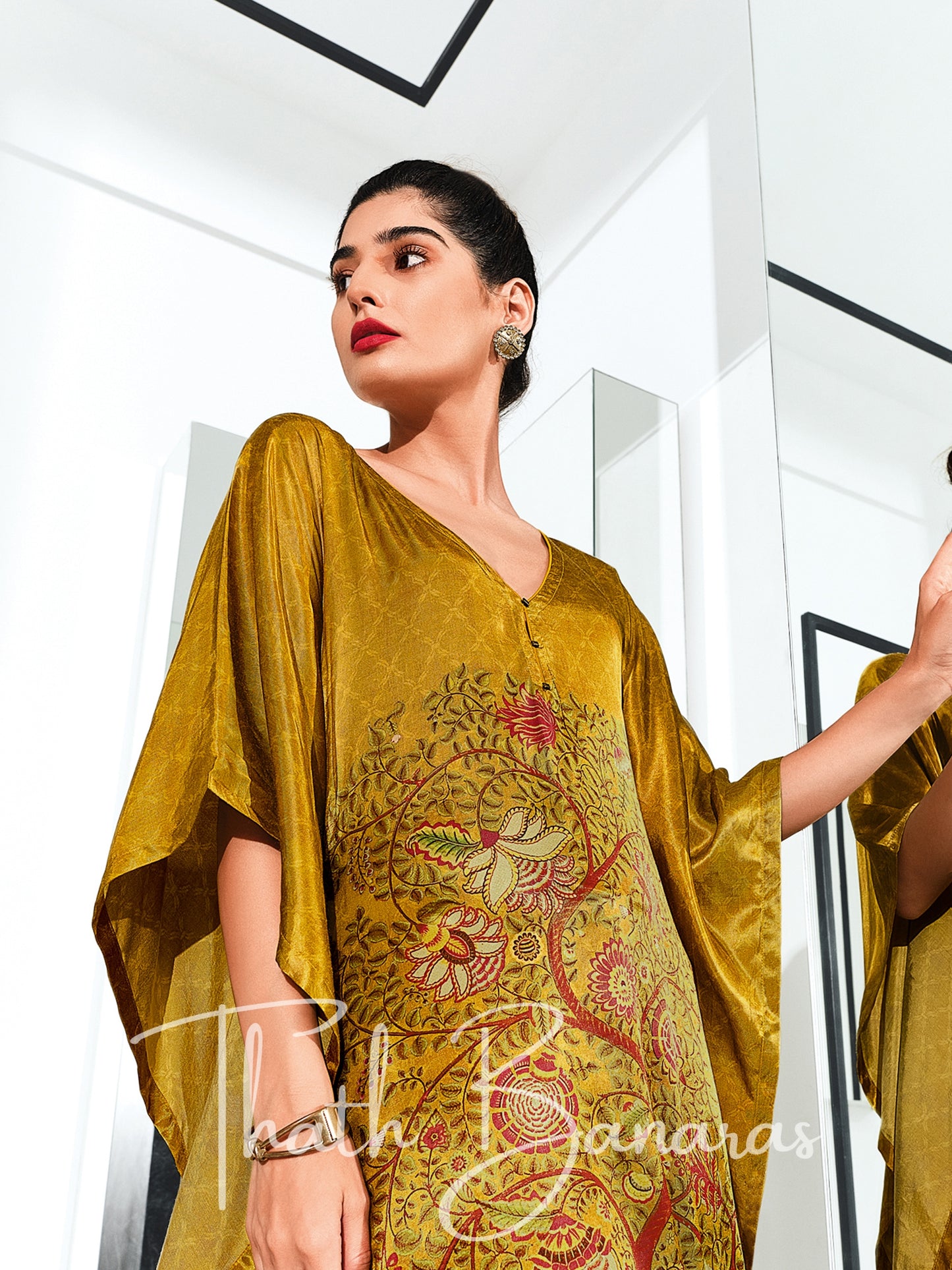 Golden Yellow Gaji Silk Rhapsody Kaftan with Digitally Printed Cotton Silk Bottom