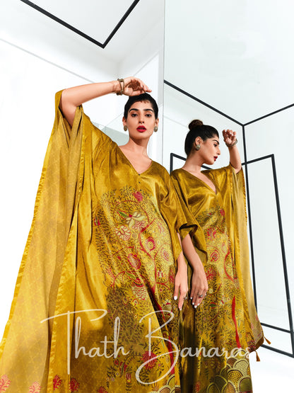 Golden Yellow Gaji Silk Rhapsody Kaftan with Digitally Printed Cotton Silk Bottom