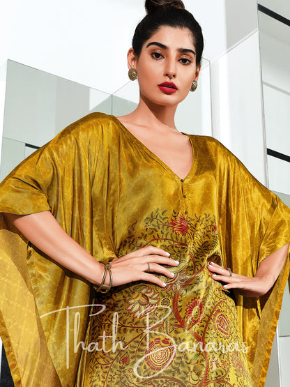 Golden Yellow Gaji Silk Rhapsody Kaftan with Digitally Printed Cotton Silk Bottom