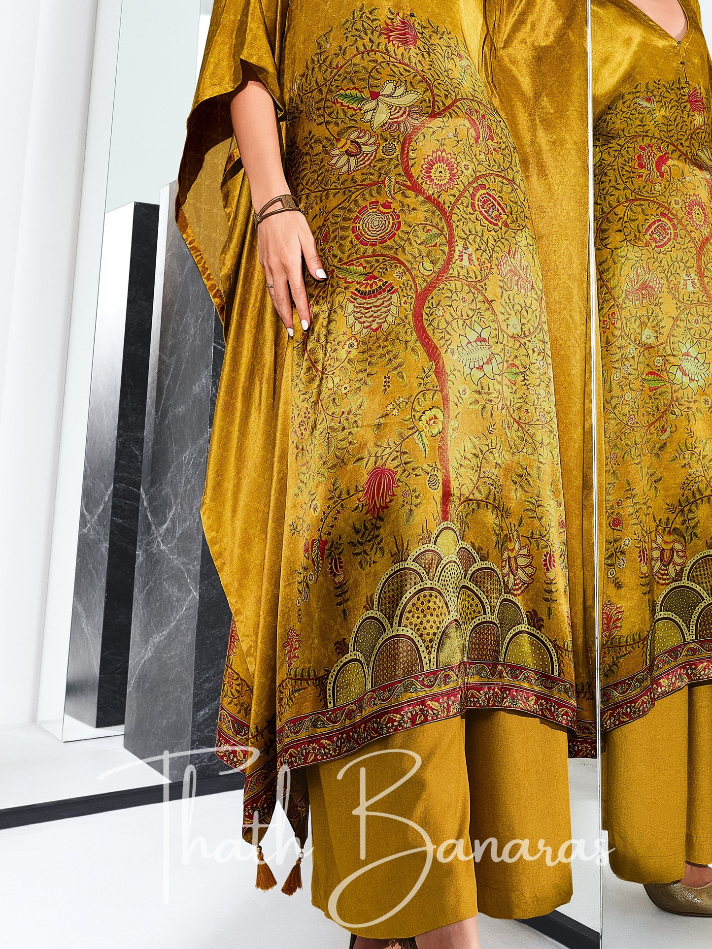 Golden Yellow Gaji Silk Rhapsody Kaftan with Digitally Printed Cotton Silk Bottom