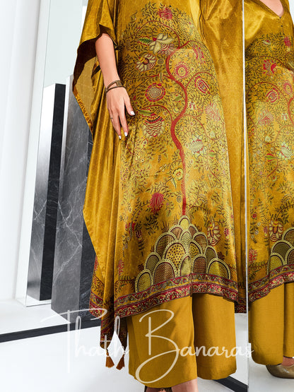 Golden Yellow Gaji Silk Rhapsody Kaftan with Digitally Printed Cotton Silk Bottom