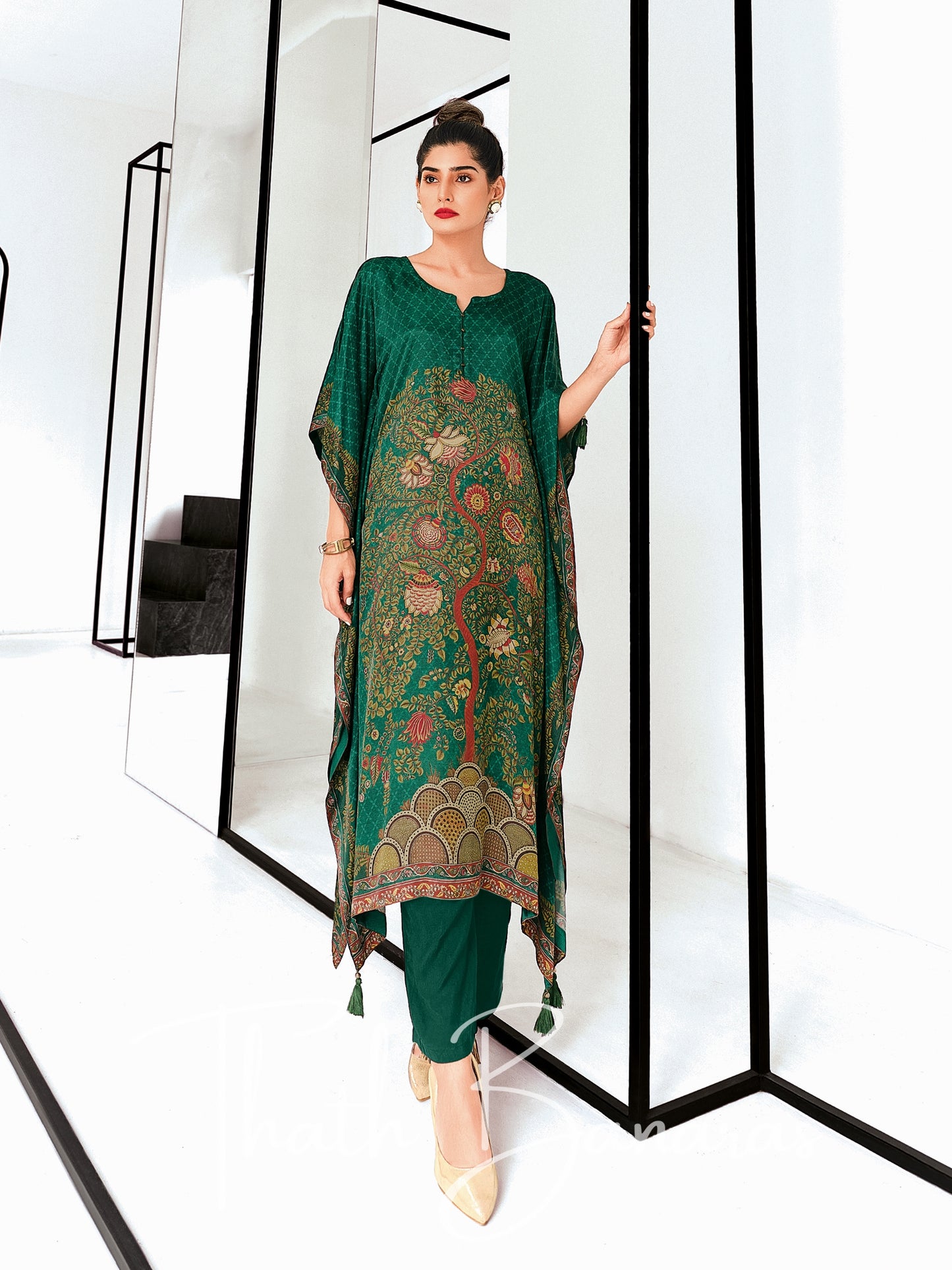 Bottle Green Gaji Silk Rhapsody Kaftan with Digitally Printed Cotton Silk Bottom