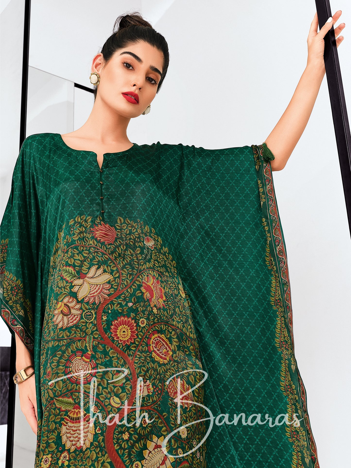 Bottle Green Gaji Silk Rhapsody Kaftan with Digitally Printed Cotton Silk Bottom