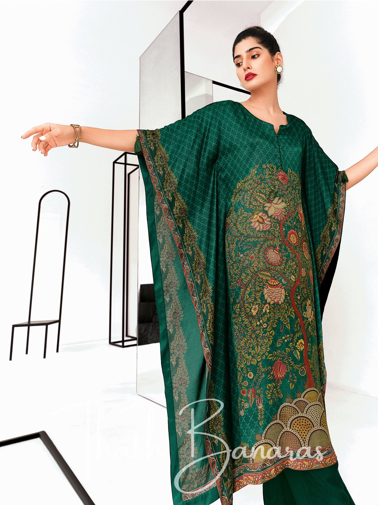 Bottle Green Gaji Silk Rhapsody Kaftan with Digitally Printed Cotton Silk Bottom