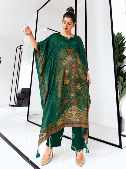 Bottle Green Gaji Silk Rhapsody Kaftan with Digitally Printed Cotton Silk Bottom