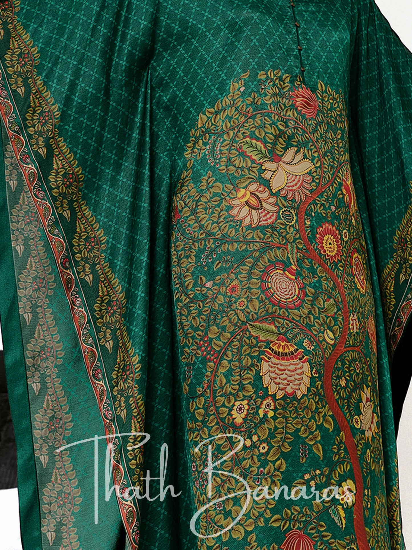 Bottle Green Gaji Silk Rhapsody Kaftan with Digitally Printed Cotton Silk Bottom