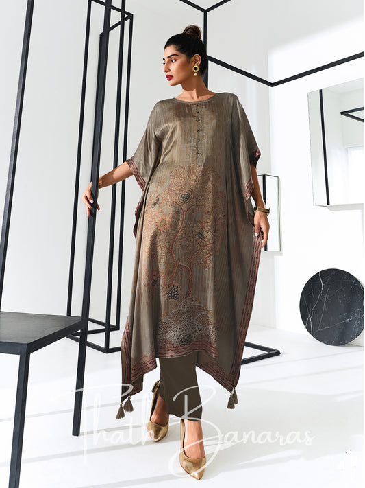 Grey Gaji Silk Rhapsody Kaftan with Digitally Printed Cotton Silk Bottom