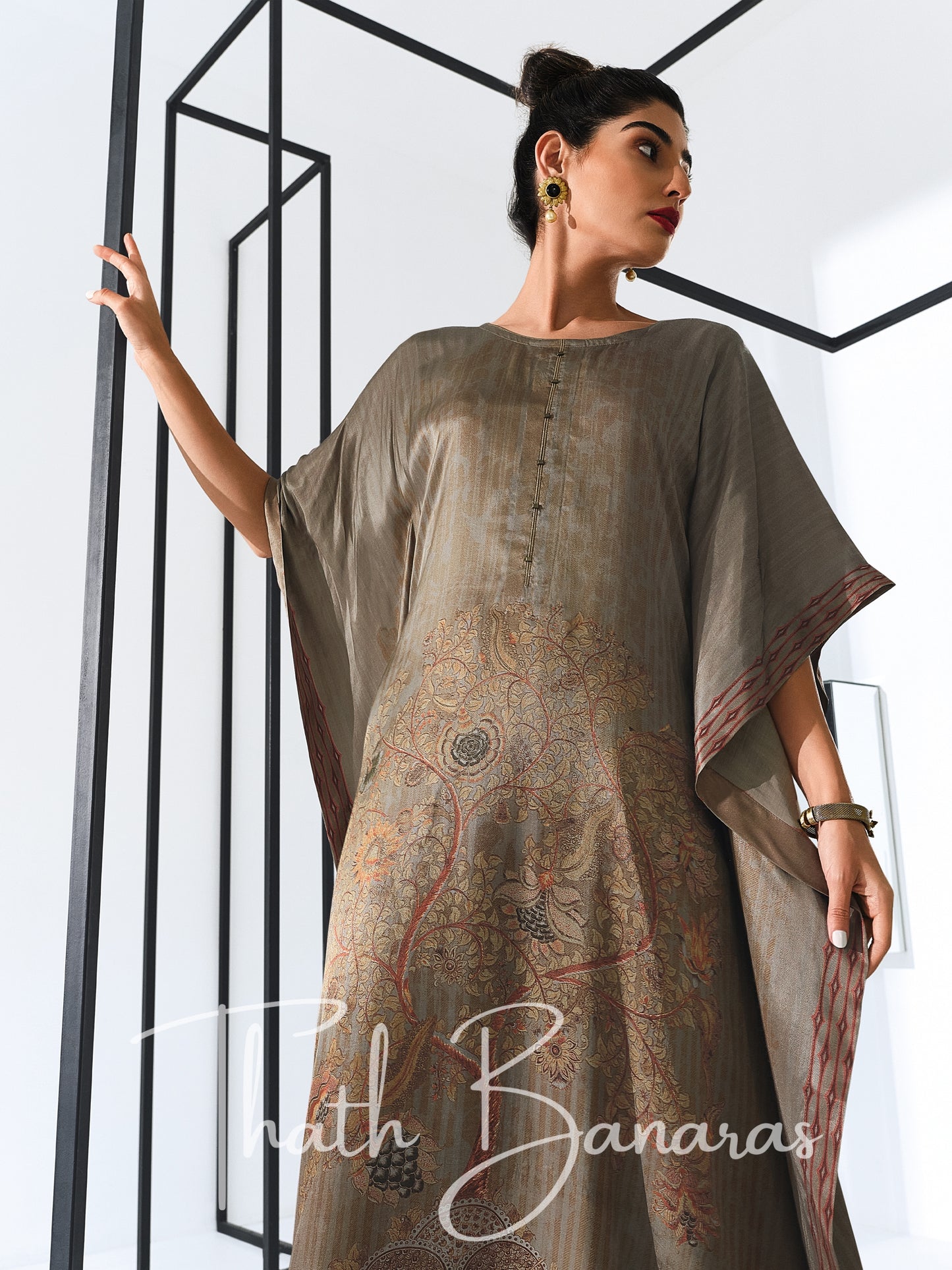 Grey Gaji Silk Rhapsody Kaftan with Digitally Printed Cotton Silk Bottom