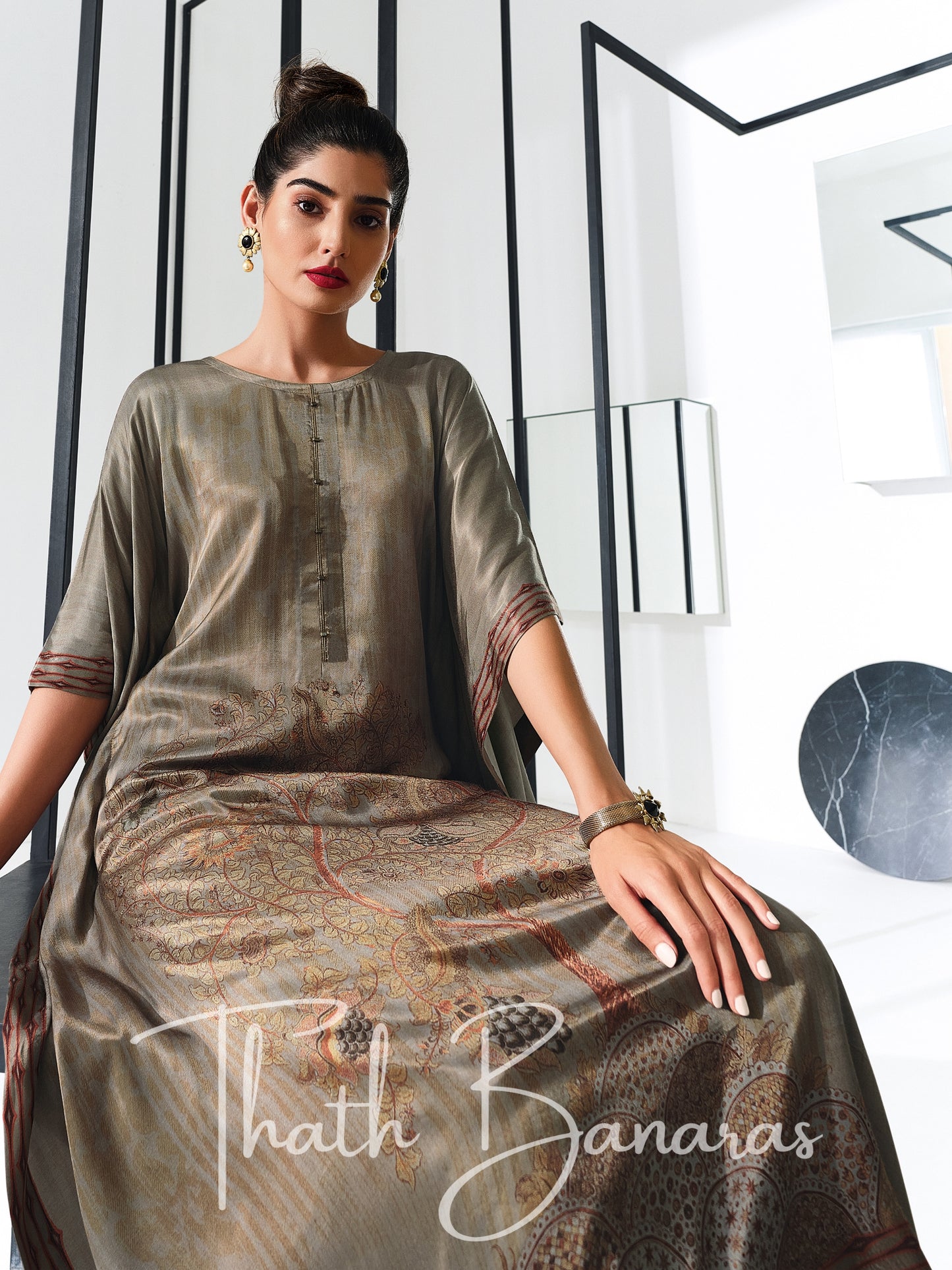 Grey Gaji Silk Rhapsody Kaftan with Digitally Printed Cotton Silk Bottom