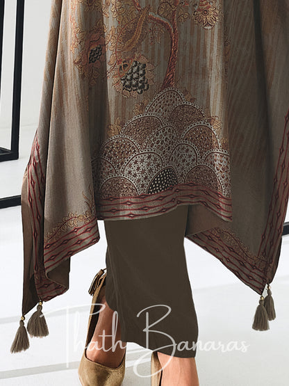 Grey Gaji Silk Rhapsody Kaftan with Digitally Printed Cotton Silk Bottom