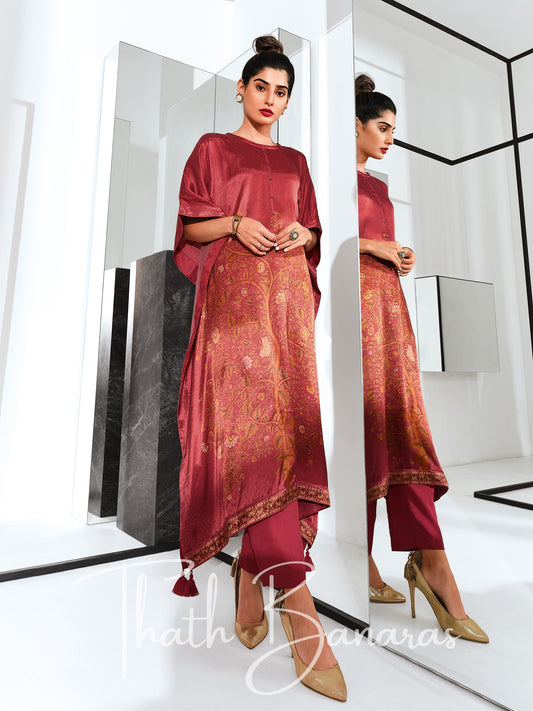 Maroon Gaji Silk Rhapsody Kaftan with Digitally Printed Cotton Silk Bottom