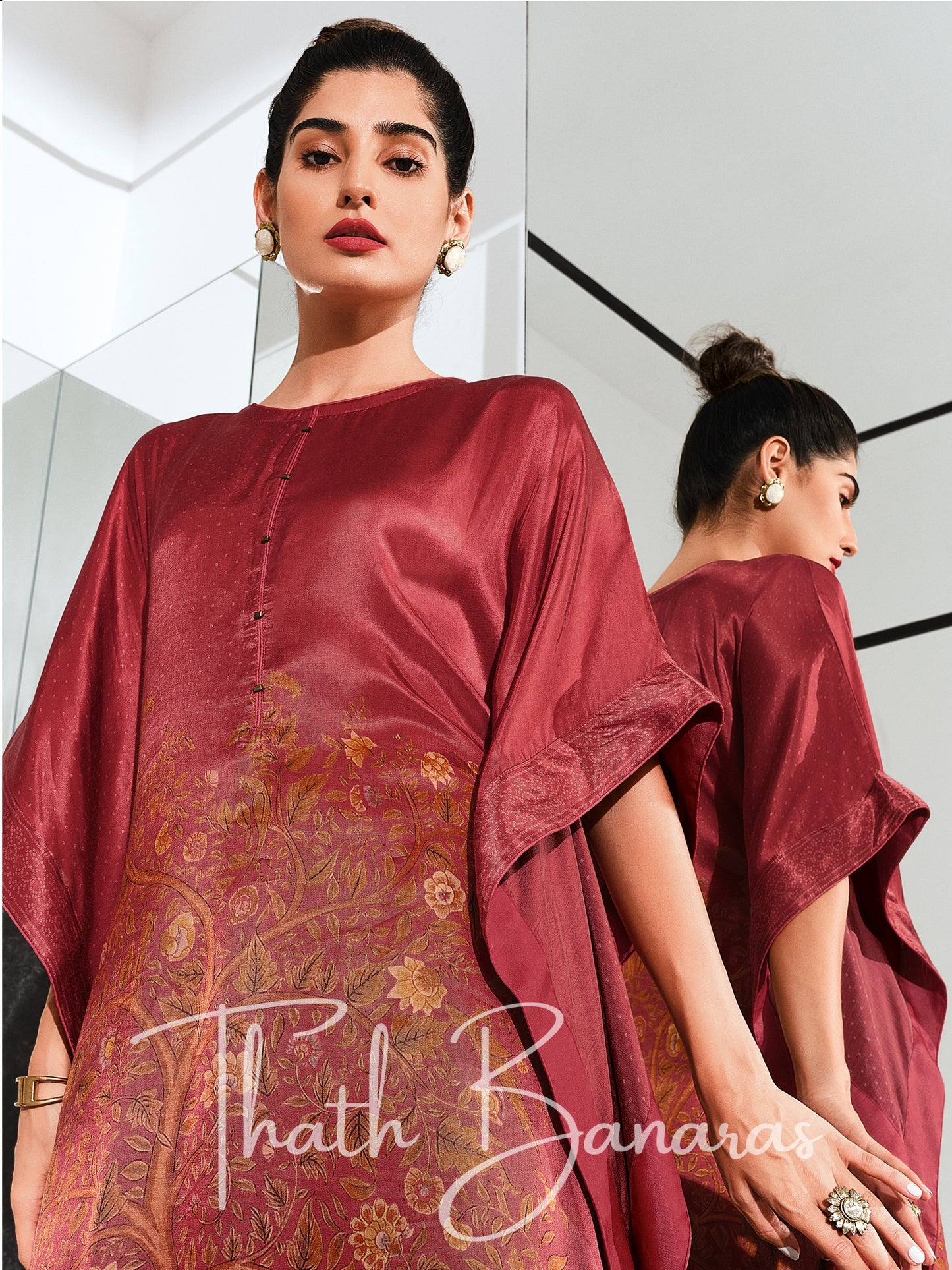 Maroon Gaji Silk Rhapsody Kaftan with Digitally Printed Cotton Silk Bottom