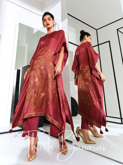 Maroon Gaji Silk Rhapsody Kaftan with Digitally Printed Cotton Silk Bottom