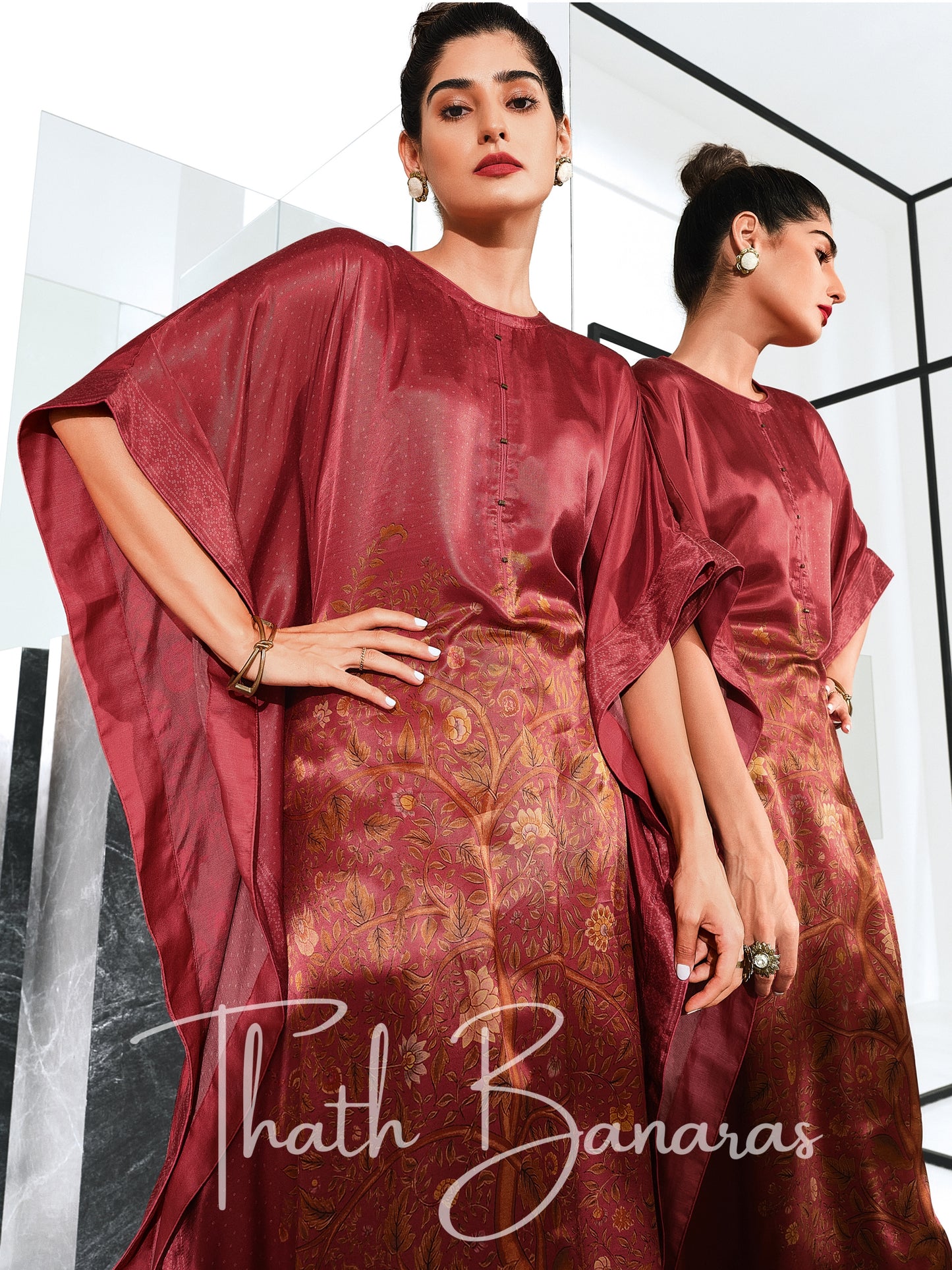 Maroon Gaji Silk Rhapsody Kaftan with Digitally Printed Cotton Silk Bottom